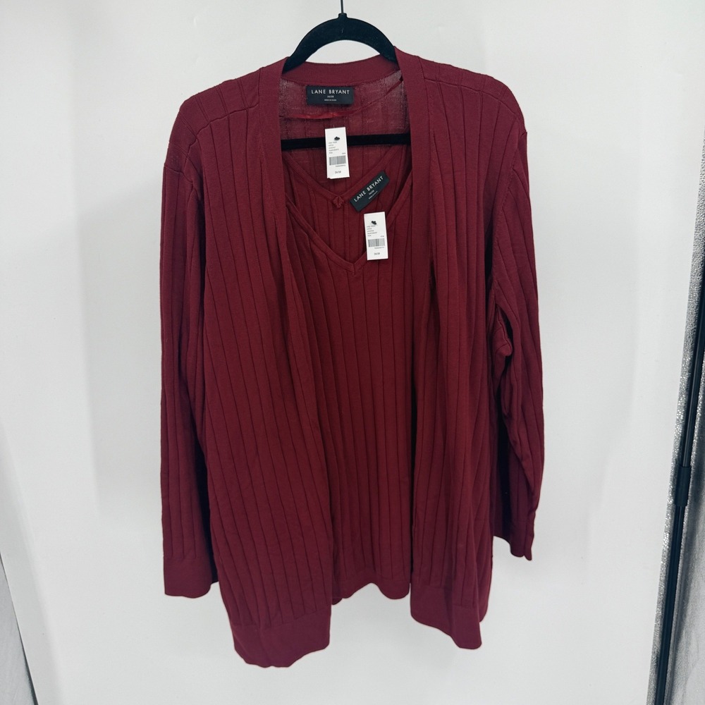 Lane Bryant Plus 26/28 Burgundy Ribbed Cardigan and Tank 2 Piece Sweater Set NWT